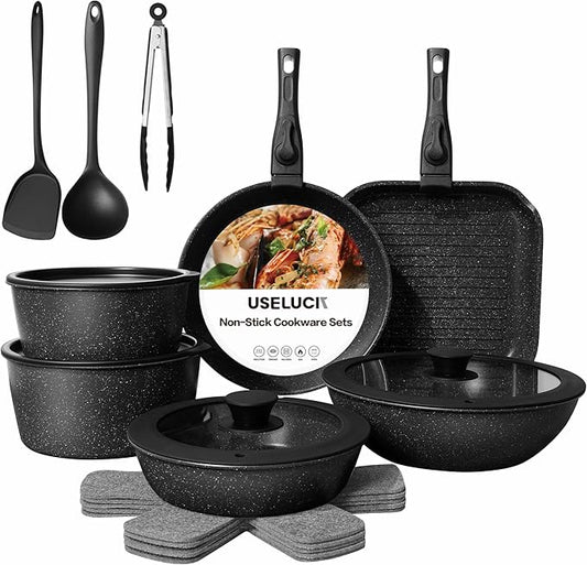 20 Pcs Pots and Pans Set Non Stick, Ceramic Cookware Set Detachable Handle, RV Kitchen Cooking Set Removeable Handles, Oven Safe, Induction Ready, Stackable Non-stick, Black