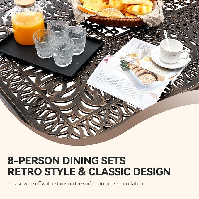 9-Piece Cast Aluminum Outdoor Dining Set Retro Patio Dining Set for 8 Includes 86.6’’ Rectangular Table and 8 Chairs with Removable Cushion and Umbrella Hole for Patio Deck Garden Porch