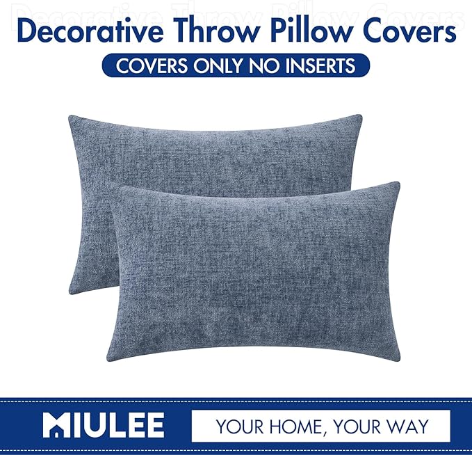MIULEE Pack of 2 Couch Throw Pillow Covers 12x20 Inch Soft Dark Grey Blue Chenille Pillow Covers for Sofa Living Room Solid Dyed Pillow Cases