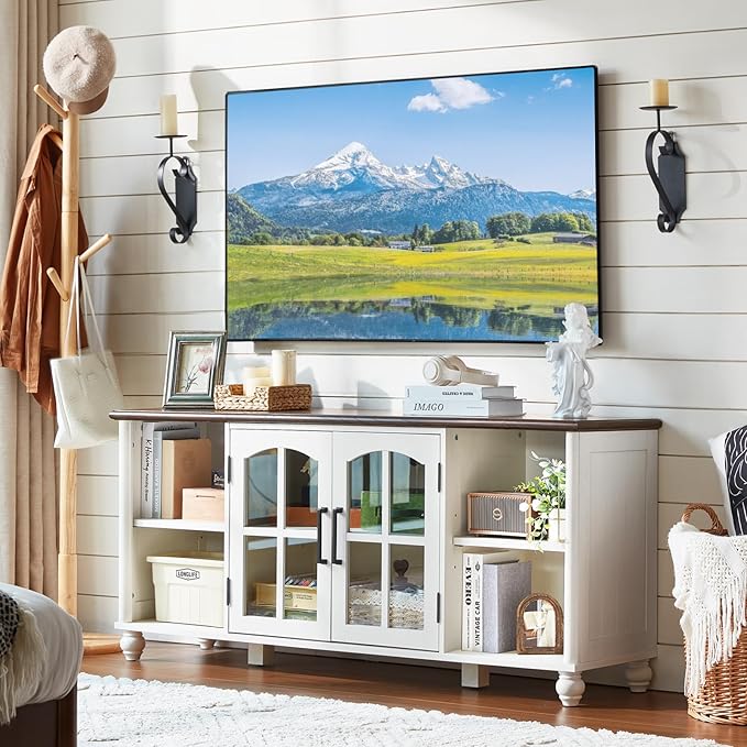 Farmhouse TV Stand for 60 Inch TV, Wood Entertainment Center with Adjustable Shelves & Glass Door Storage Cabinet,Television Stands for 65" TVS,TV Console Table for Living Room,Bedroom,White
