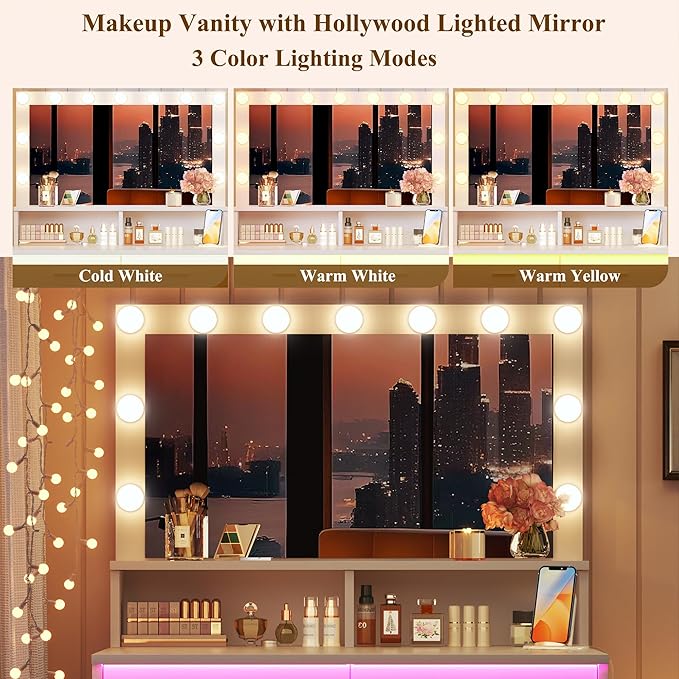 Vanity Desk with Mirror and Lights, Small Makeup Vanity with Chair and RGB Lights, White Vanity Table Set with 2 Drawers & Power Outlets, Open Shelves, 3 Color Modes Adjustable, White