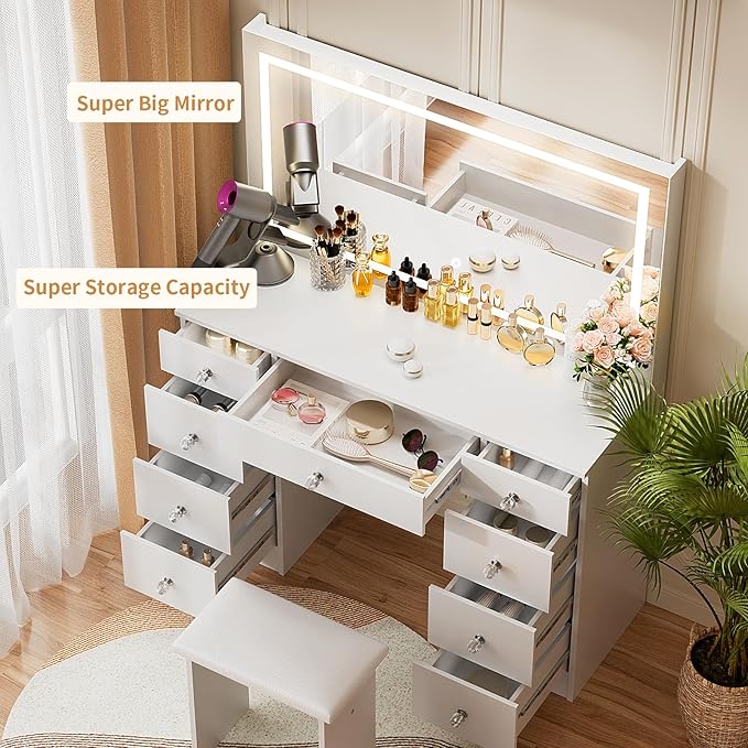 VOWNER Vanity With Lighted Mirror - Makeup Desk With Power Outlet and 9 Drawers, 3 Color Lighting Modes Adjustable Brightness, 43" Table With Soft Cushioned Stool for Bedroom, White