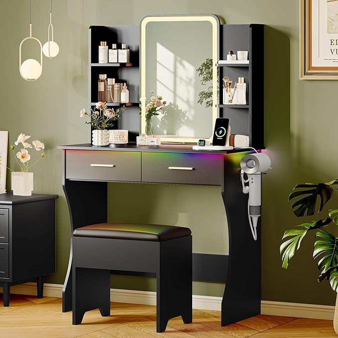 Black Makeup Vanity Desk with Mirror and Lights, Small Vanity Table Set with Power Outlet, Dressing Table with 2 Drawer & 4 Storage Shelves, Adjustable RGB Lighting, Includes Chair for Girl’s Bedroom