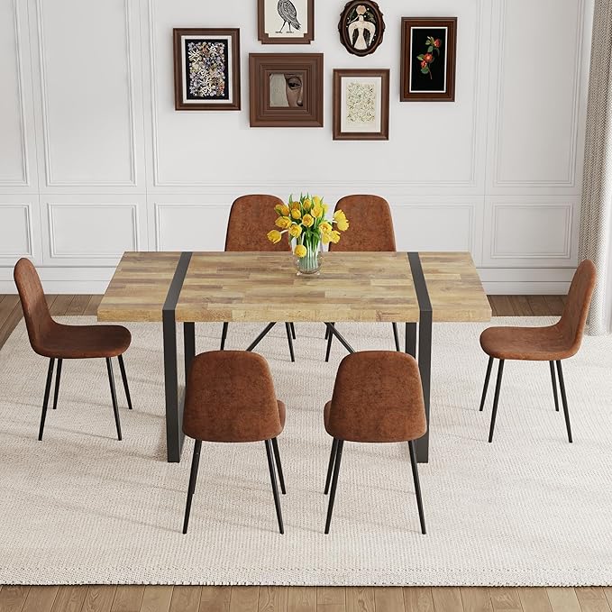 Dining Table Set for 6，Dinner Table Set for 6，71'' Kitchen Table and PU Leather Chairs Set of 6，6 Chair Dining Table Set for Kitchen Dining Room