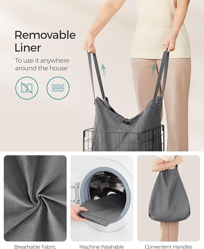 SONGMICS Laundry Hamper, 11 Gal. (50L) Laundry Basket, Collapsible Clothes Hamper, Removable and Washable Liner, Metal Wire Frame, for Bedroom Bathroom, Black and Gray ULCB150G01