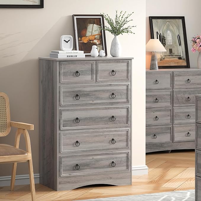 48'' Tall Grey Dresser with 6 Drawers Chest of Drawers for Bedroom, Large Storage Organizer for Clothes, for Living Room, Bedroom, Hallway, Taupe Grey