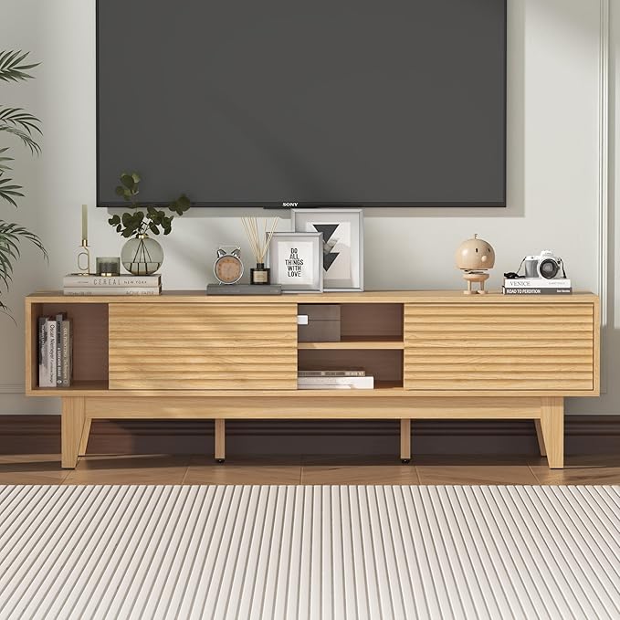 Wooden Fluted TV Stand for 55 65 70 inch TV, Long & Large TV Media Console Table with Storage Cabinets, Boho Farmhouse Entertainment Center for Living Room, Bedroom - Natural Wood