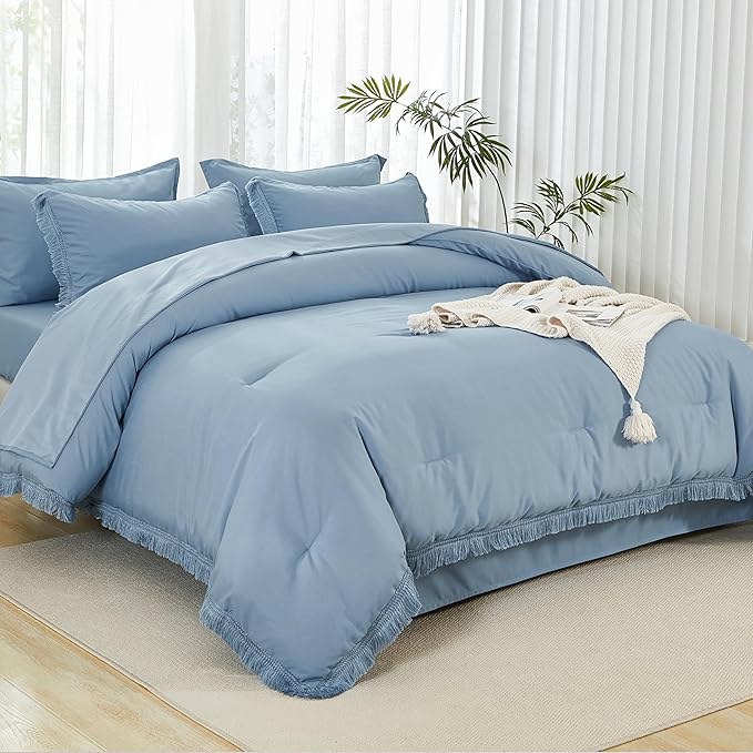 Andency Grayish Blue Comforter Set King Size with Sheets -7 Pieces Boho Tassel Bed in a Bag Soft Lightweight Bedding Sets, All Season Fringe Bed Set with Comforter, Sheets, Pillowcases & Shams