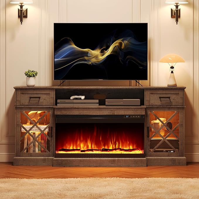 3-Sided Farmhouse LED Fireplace TV Stand, 70" Large Entertainment Center Glass Doors for TVs up to 80", Modern Wood Grain High-Gloss TV Storage Cabinet for Living Room, Light Grey