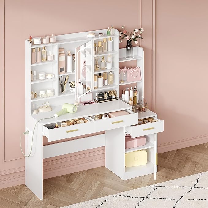 39.3'' Vanity Desk with HD Mirror and Lights, Makeup Vanity with Power Strip, DressingTable with Bedside Table, 3 Drawers and 9 Storage Shelves, Storage Behind The Mirror, White