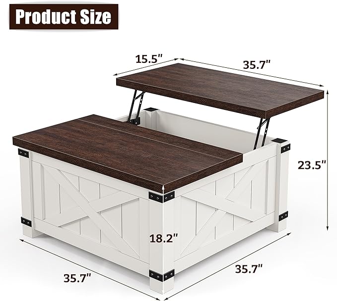 EnHomee Coffee Table 35.7" W Lift Top Coffee Tables for Living Room White Modern Coffee Table with Storage, Square