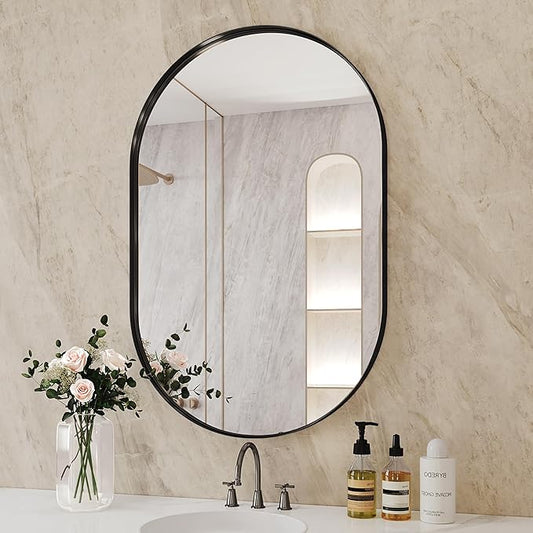 Suidia 26" x 38" Bathroom Mirror, Bathroom Vanity Mirror Metal Framed, Wall-Mounted Mirrors for Bedroom, Living Room, Entryway, Hallway, Black, Oval Style