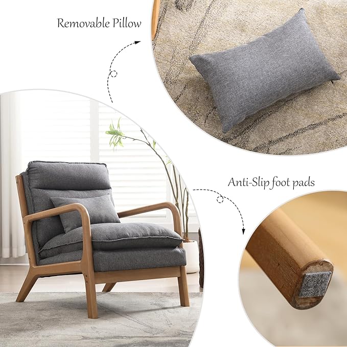 INZOY Mid Century Modern Accent Chair with Wood Frame, Upholstered Reading Armchair with Waist Cushion, Double Padded Accent Chair, Side Chair for Living Room Bedroom Office, Easy Assembly, Grey