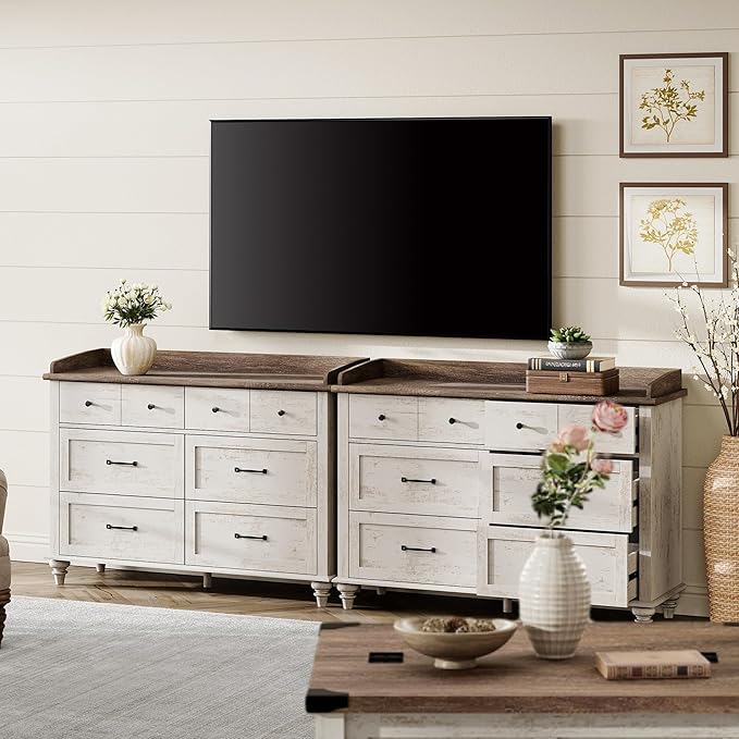 WAMPAT Wood Dresser Set of 2, Mid Century Modern Chest of Drawers, Wide Kids Dressers with 6 Drawers for Bedroom Living Room Entryway;Rustic White