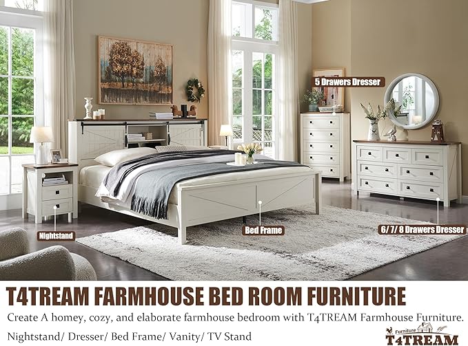 T4TREAM Nightstand with Charging Station, End Table, Side Table with 2 Drawers Storage Cabinet for Bedroom, Living Room, Farmhouse Design, Wood Rustic, Antique White