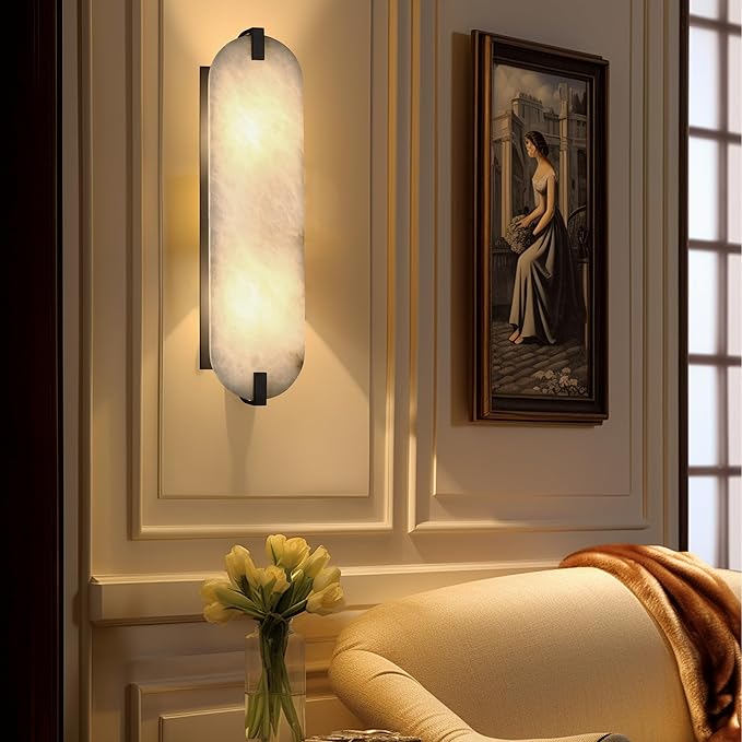 2 Pack 2 Light 20.7" Natural Oval Alabaster Marble Bathroom Wall Sconce Modern Concise Style Wall Light Fixture,Black Finish for Bedroom Hallway Bedside