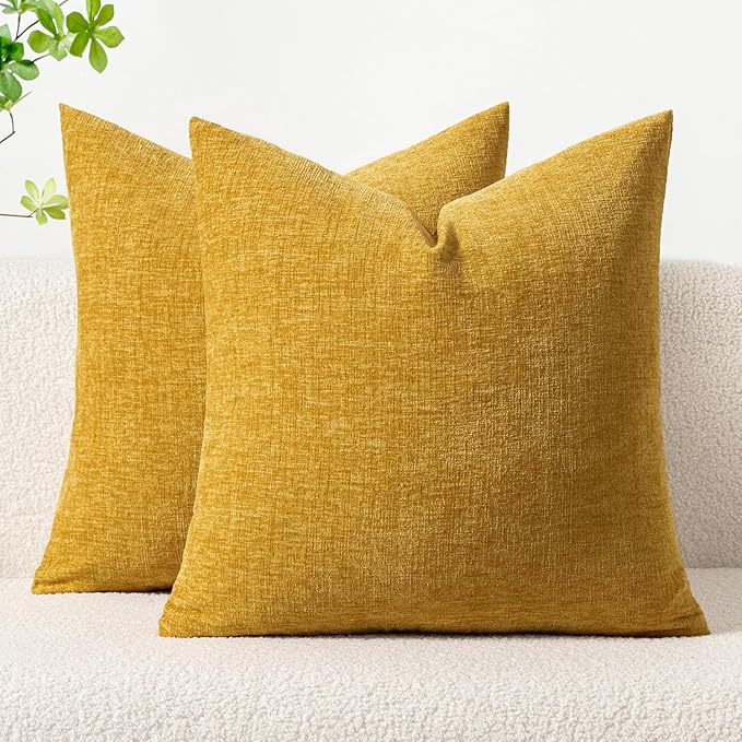 MIULEE Pack of 2 Mustard Yellow Throw Pillow Covers 20x20 Inch Soft Spring Chenille Pillow Covers for Sofa Living Room Couch Solid Dyed Cases