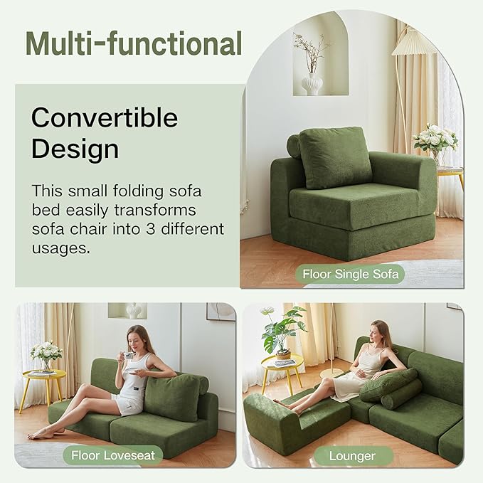 Convertible Folding Sofa Bed, Multi-Functional Sleeper Chair with Memory Foam and Back Support – Portable Futon Couch for Living Room, Bedroom, or Small Spaces