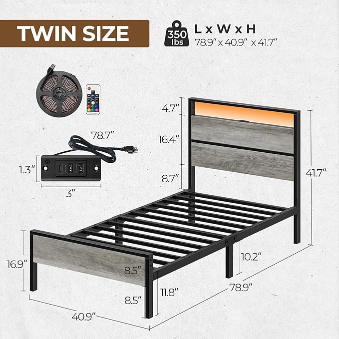 Rolanstar Twin Bed Frames with Headboard, Twin Bed with LED Lights, Camas Twin Size Bed with Charging Station, Solid Metal Slats, Noise Free, No Box Spring Needed, Grey