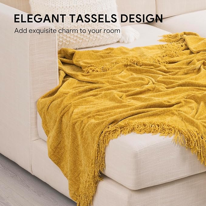 RECYCO Throw Blanket Soft Cozy Chenille Throw Blanket with Fringe Tassel for Couch Sofa Chair Bed Living Room Gift (Mustard Yellow, 60'' x 80'')