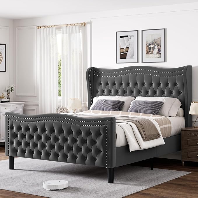 Queen Bed Frame with Tall Headboard & Footboard, Velvet Upholstered Platform Bed Frame with Deep Button Tufted Wingback, No Box Spring Needed, Noise Free, Grey