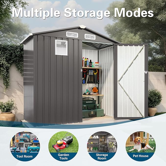 6 x 4 FT Outdoor Storage Metal Shed, Bike Garden Tool Shed with Slooping Roof, Lockable Doors and Aluminum Frames, Shed Easy to Assemble for Garden, Patio, Lawn, Black