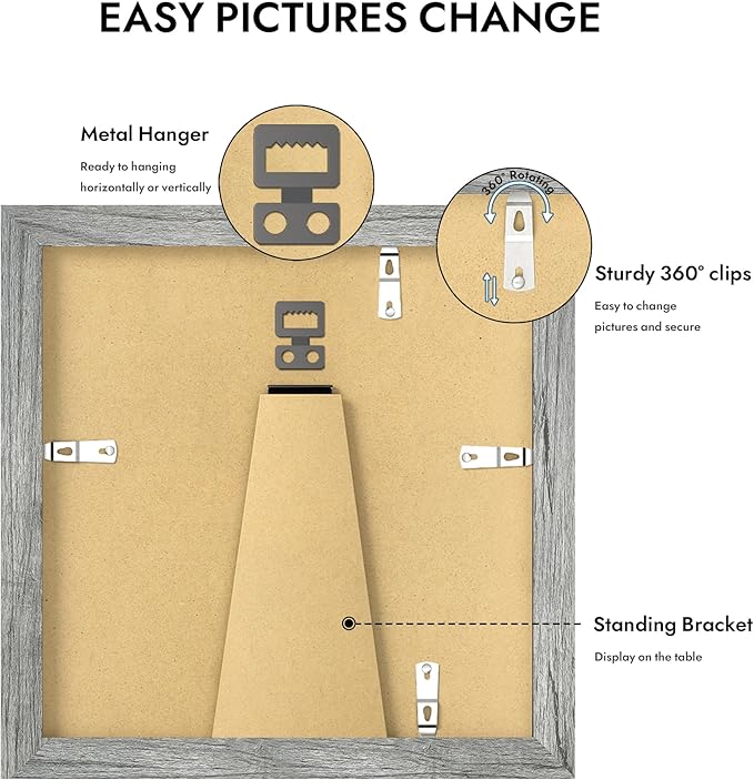 6x6 Picture Frame with Glass, Display Pictures 4x4 with Mat or 6 x 6 without Mat - Wall and Tabletop, 6 by 6 Photo Wooden Frames (Grey, 1 Pack)
