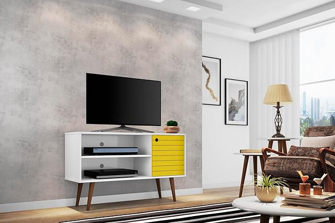 Manhattan Comfort Liberty Mid Century Modern TV Stand for Televisions up to 46 Inches, Bedroom and Living Room Entertainment Center with Storage, Shelves, and Cabinet, 43" Wide, White/Yellow
