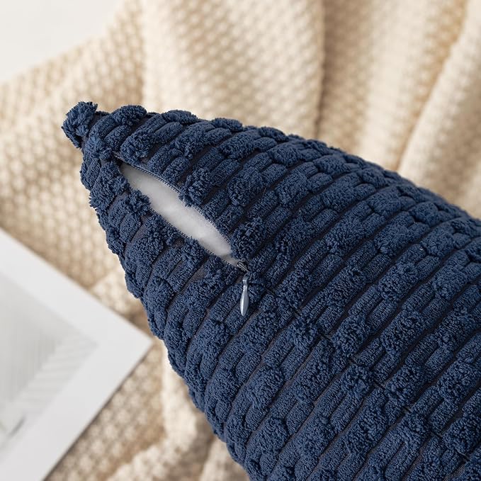 Kevin Textile Set of 2 Pillow Covers Solid Supersoft Corduroy Handmade Decorative Velvet Throw Pillow Cushion Cover for Bed 12x20 Inch Navy Blue