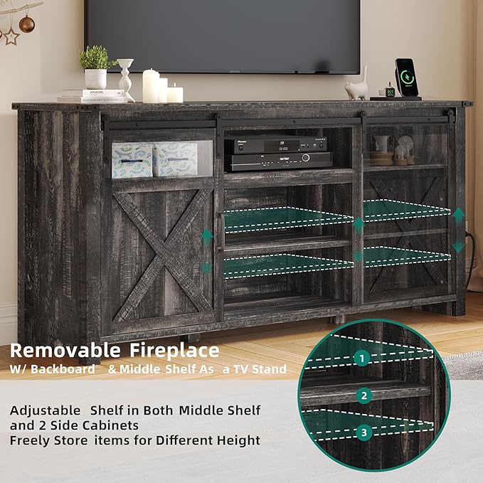 YITAHOME Farmhouse TV Stands for 75 Inch TV with Power Outlets, Entertainment Center with Sliding Barn Doors and Adjustable Shelves, TV Cabinet Media Console Table for Living Room, Dark Rustic Oak