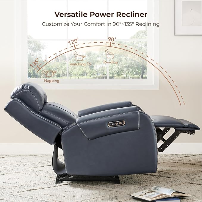 CHITA Genuine Leather Power Recliner Chair for Adults, Electric Wall Hugger Recliner with Adjustable Power Headrest & USB/Type-C Ports, Compact for Small Spaces & Living Rooms, Navy Blue