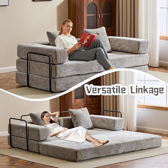 Convertible Sofa Bed, Compression Futon Sofa with Pillows & Armrest, Foldable Mattress Couch with Fixed-Shape Frame, Comfy Couch Lounge Sleeper Bed for Living Room Bedroom, Light Gray