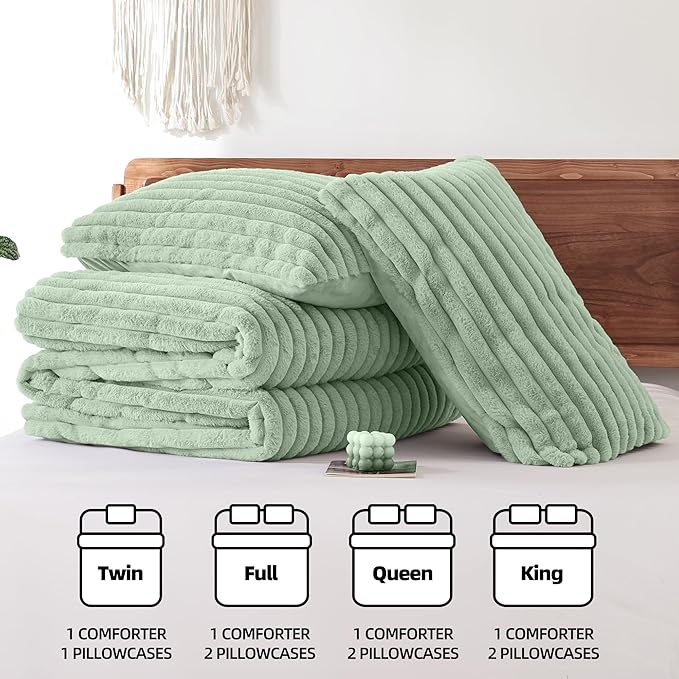 Smoofy Fluffy Full Size Comforter Sets 3 Pieces - Sage Green Fleece Fluffy Comforter Set, Luxury Fuzzy Full Bed Set, Soft Comforter Full Size All Season, Heavy Faux Fur Comforter with 2 Pillow Cases