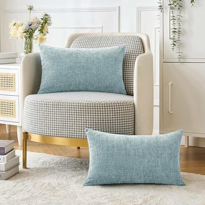 MIULEE Pack of 2 Light Blue Throw Pillow Covers 12x20 Inch Soft Chenille Pillow Covers for Sofa Living Room Couch Solid Dyed Cases