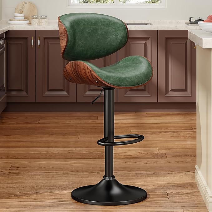 Bar Stools Modern PU Leather Adjustable Swivel Barstools, Kitchen Counter Bar Stool, Island Barstool with Back (Green 1PCS)