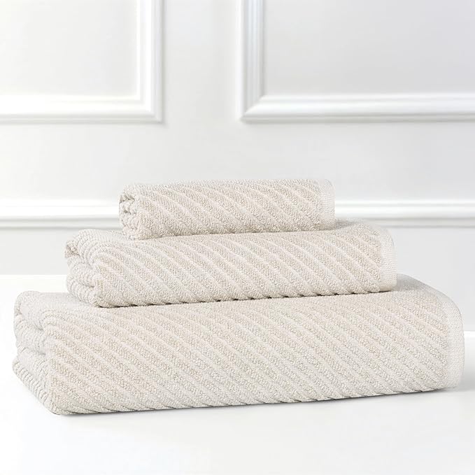 Superior Amelia Viscose Cotton Blend Medium Weight Towels, for Bathroom, Shower, Spa, Plush, Quick Dry, Ultra-Soft Towels, Bath Essentials, Ribbed Design, 3 Piece Assorted Towel Set, Beige