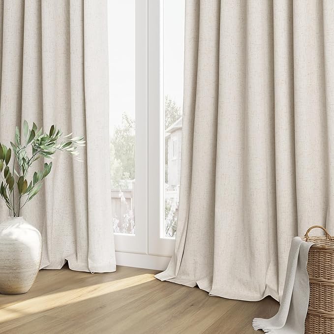 Guken Beige Cream Linen Blackout Curtains 102 Inch Length 2 Panels Set for Living Room Bedroom Back Tab Thermal Insulated 100% Black Out Linen Drapes Room Darkening Window Curtains 102 Inches Long