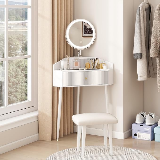 ARTETHYS Corner Vanity Desk with Retractable and Rotating Mirror and Lights Small Modern White Makeup Vanity Set with Glass Top for Women Compact Girls Dressing Table with Storage for Small Space