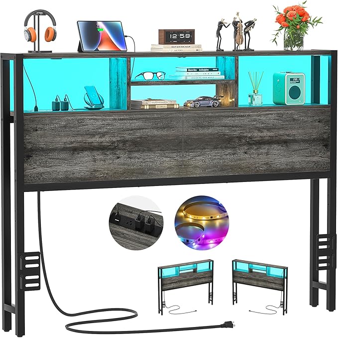 Aheaplus Headboard for Full Size Bed with Storage, Headboards with Outlets, USB Ports and LED Light, Full Size Head Board Only, Height Adjustable, Reversible, Sturdy and Stable Headboard, Black Oak