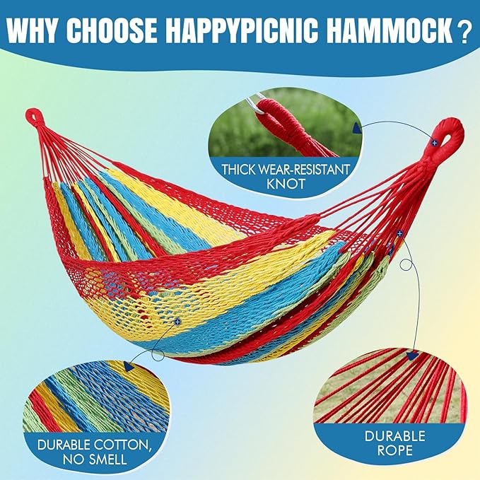 HappyPicnic Handwoven Mayan Hammock - Portable Family Hammock with Carry Bag Matrimonial Size Multi-Color Handmade Hammock for Travel Camping Backyard, Porch, Outdoor or Indoor Use (Colorful)