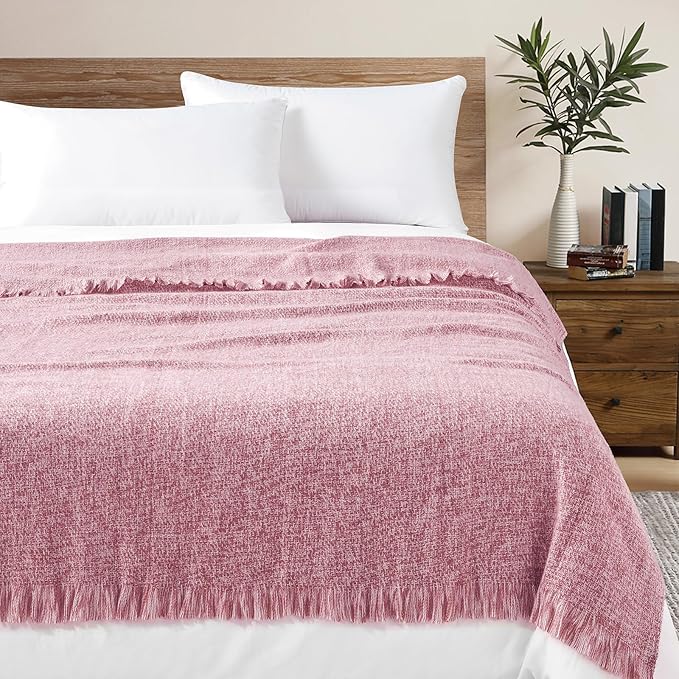 BOURINA Faux Cashmere Fringe Throw Blanket Decorative Lightweight Throw Soft Cozy for Bed or Sofa Outdoor Blanket, 50x70 Inches Rose Wine