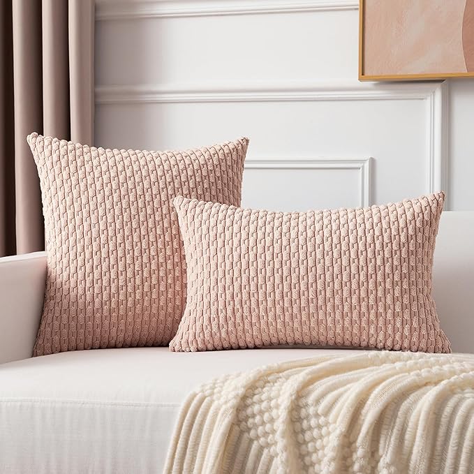 Kevin Textile Pack of 2 Corduroy Decorative Throw Pillow Covers 22x22 Inch Soft Boho Striped Pillow Covers Modern Farmhouse Home Decor Valentines Day Gifts for Spring Sofa Living Room Couch Bed Pink
