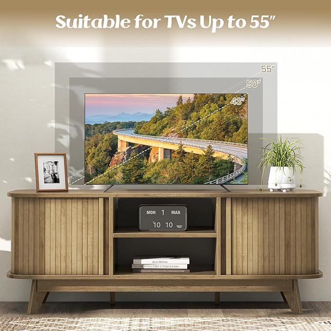 Tangkula Sliding Doors TV Stand for TV up to 55 Inch, Mid Century Modern TV Console Table, Television Cabinet w/ 2 Open Shelves & Sliding Doors, Home Media Entertainment Center for Living Room (Oak)