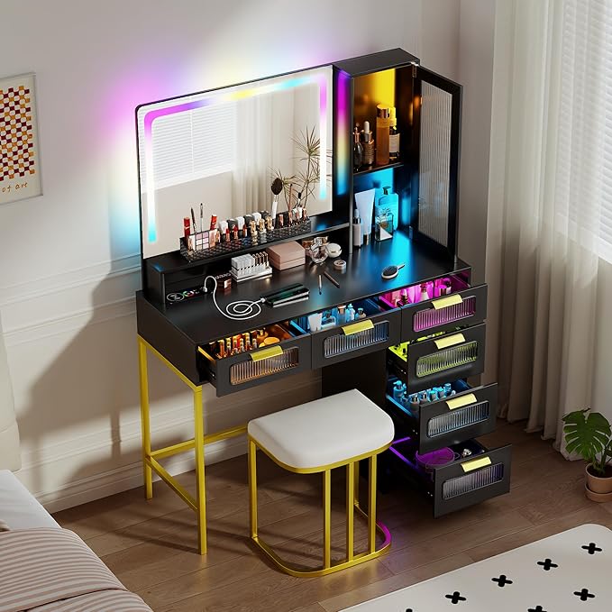 Vanity Desk with Mirror and RGB Lights, Makeup Vanity Desk with Wireless Charging Station,Large Dressing Table Set with Stool,LED Vanity Table with 6 Drawers/Cabinet/Shelves for Bedroom, Black