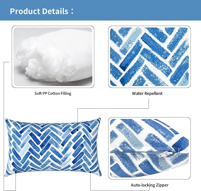 Outdoor Lumbar Pillows 12x20 inch, Rectangle Throw Pillows with Inserts, Decorative Lumbar Cushions for Patio Furniture Garden Couch Home Sofa Office Chair, Pack of 2, Blue Bricks