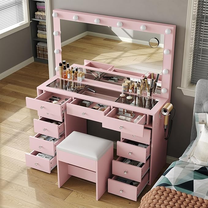 11 Drawers Vanity Desk with Power Outlet, Makeup Vanity with Mirror and 12 LED Lights, 3 Lighting Modes, Glass Top, Dressing Table for Bedroom, Pink