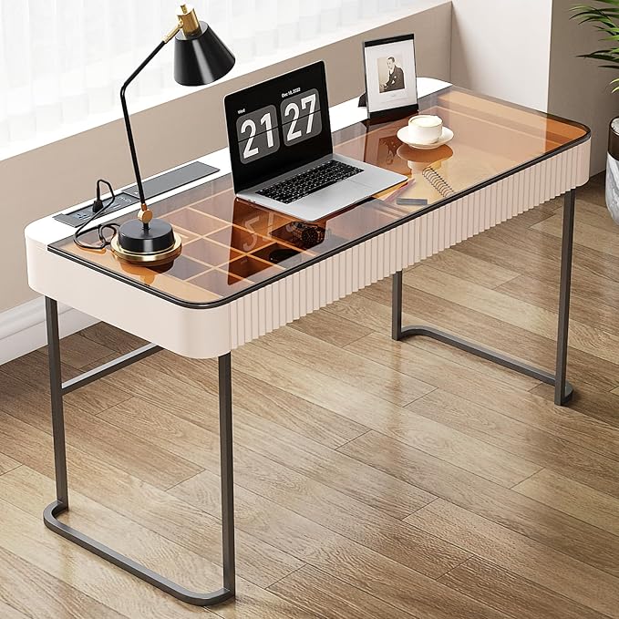 Lartis Office Desk with Drawers for Home Working Studying Computer Desk with Built-in Outlet Writing Desk Dressing Table Vanity Table no Mirror Intelligent Socket with USB Port