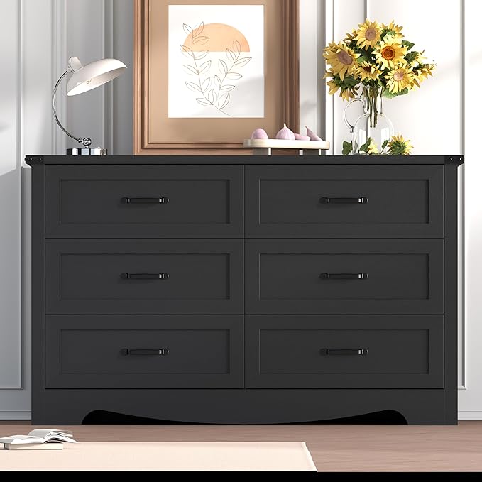 6-Drawer Dresser for Bedroom – 47" Wide Modern Wooden Chest with Natural Wood Texture, TV Stand & Storage, Metal Corner Brackets, Wood Drawer Organizer for Living Room, Hallway