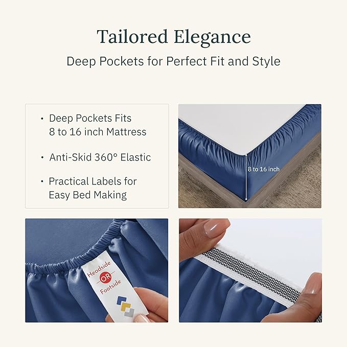 California Design Den Deep Pocket Queen Sheet Set - Certified 100% Egyptian Cotton Sheets Queen Size, Soft Sateen, Deep Pockets with Anti-Skid Elastic, Cool and Durable Luxury Bedding - Navy Blue