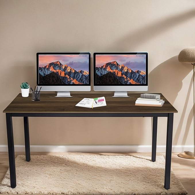 55 inch Large Computer Desk Wood, Modern Simple Style Desk for Home Office, Bedroom, Study Student Writing Desk, Small Spaces, Black Metal Frame, Walnut Top